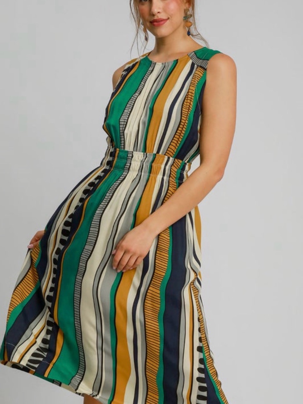UMGEE Sleeveless Striped Midi Dress in Green, Mustard & Navy